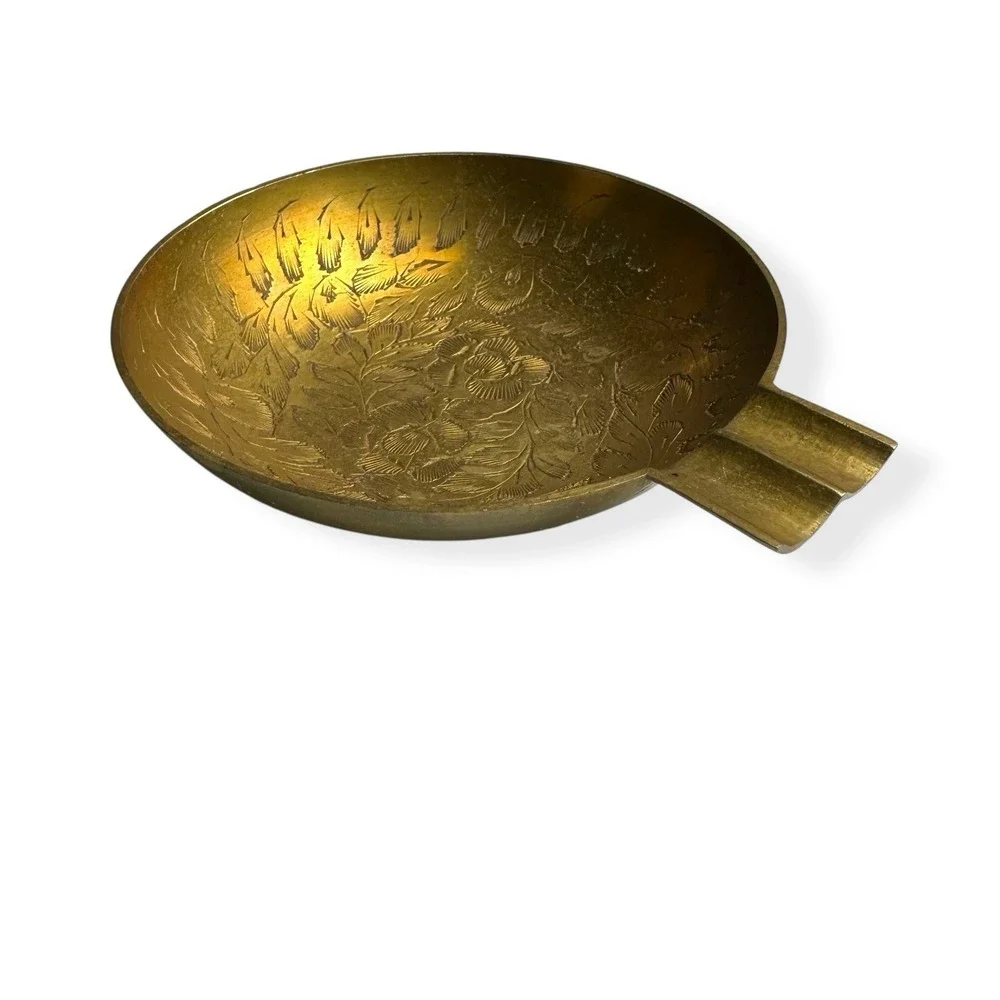 Vintage Mid‎ Century Brass Ashtray Cigarette Cigar India Ornate Marked Metal 4